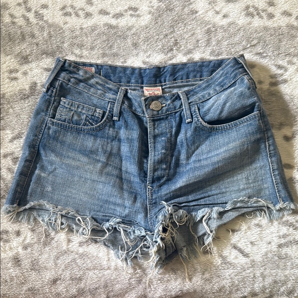 True Religion Blue Jean Shorts Distressed Denim